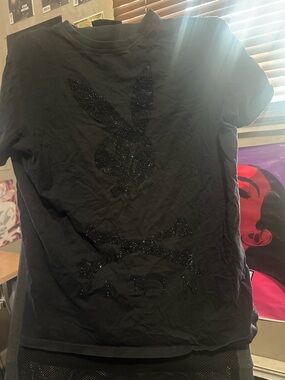 Philipp Plein Black Tee with black Rhinestones Playboy bunny crossbone Logo